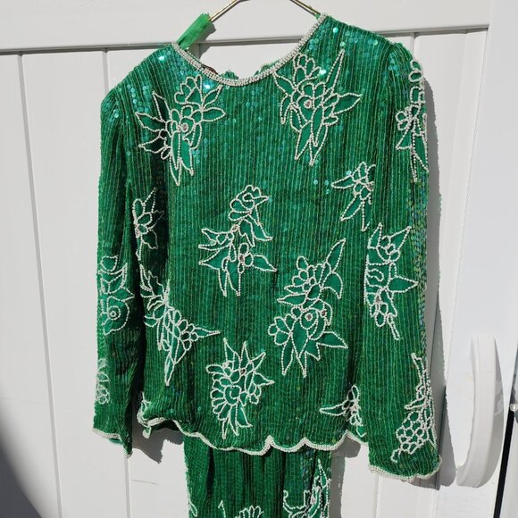 Vtg 80s Eve's Allure Cocktail Mother Bride Dress Emerald Green Sequins Beads Med - Picture 4 of 10